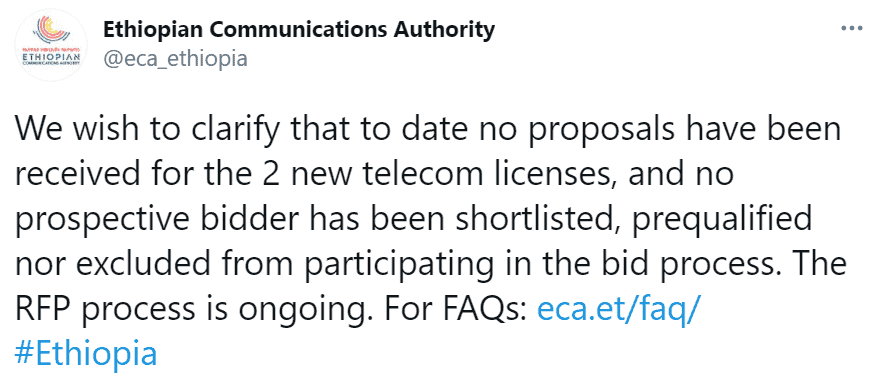 Reguladores etíopes negam alegações de que Safaricom está na lista restrita para licença de telecomunicações