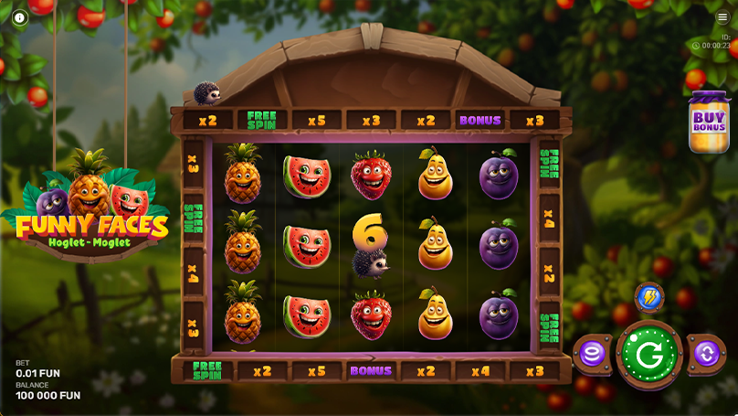 Funny Faces: Hoglet-Moglet slot by Galaxsys featuring 5x3 reels with fruit symbols, hedgehog mascots, bonus indicators.